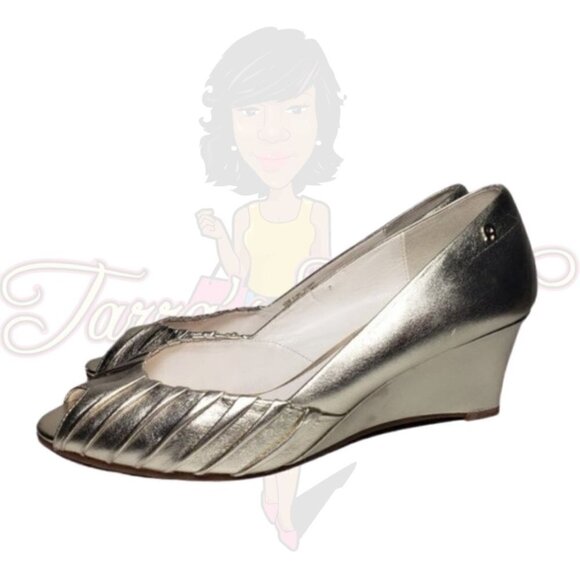 Etienne Aigner Uma Gold Peep Toe Slip-On Wedges - Picture 1 of 13